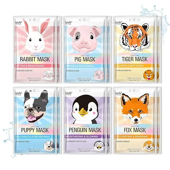 Epielle Character Sheet Masks Animal Spa Mask Korean Beauty Mask -For All Skin Types, (Pack of 6) | Birthday Party Gift for her kids, Spa Day Party, Girls Night, Spa Night, Beauty Gift