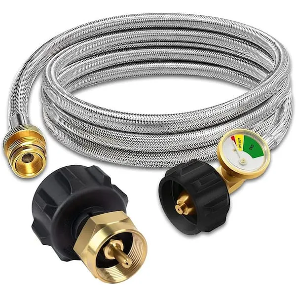 6 FT Propane Hose Adapter 1lb to 20lb Propane Tank Adapter with Gauge, Stainless Steel Braided Propane Adapter Hose Propane Hose Converter for QCC1/Type1 Propane Tank + Propane Refill Adapter