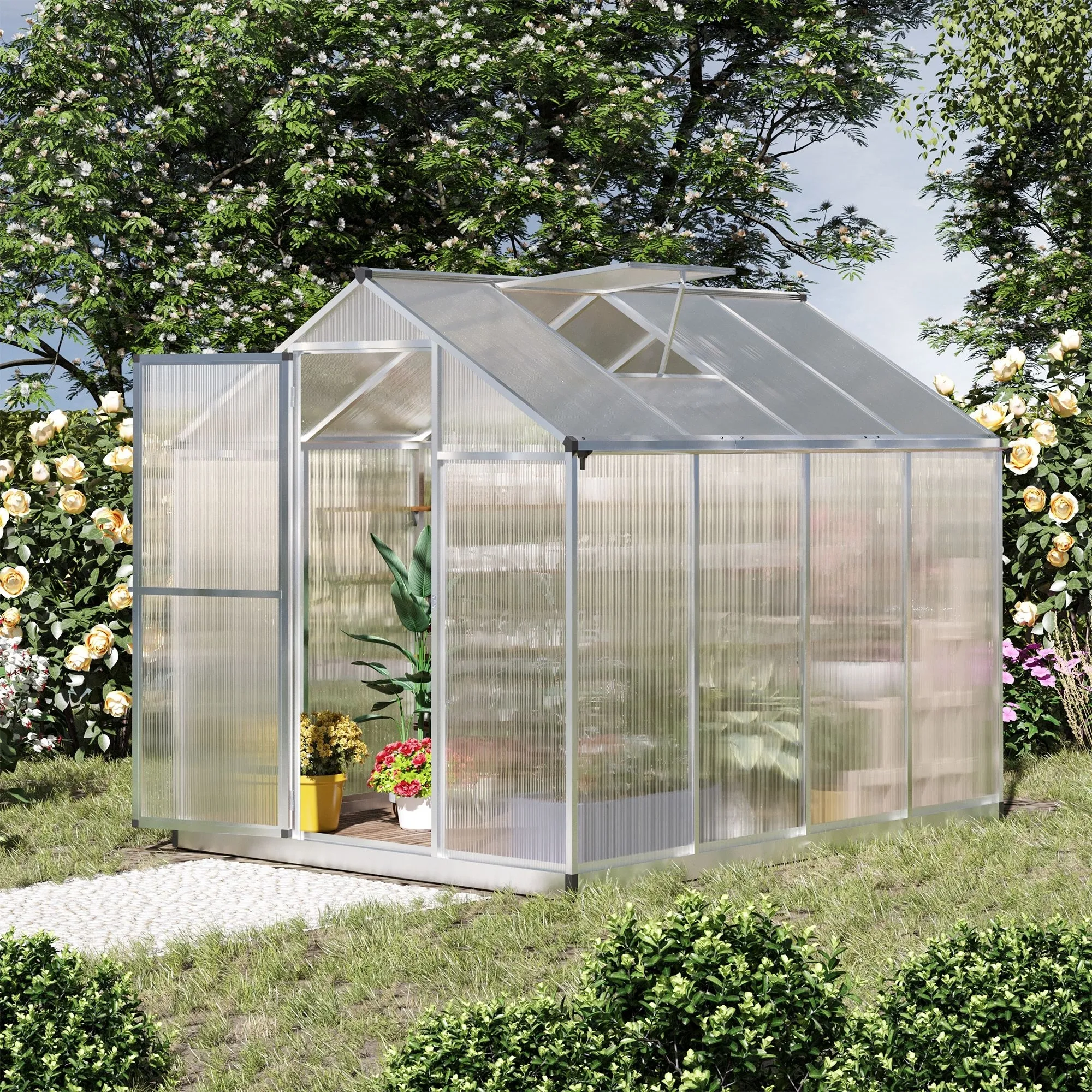 Outsunny 8' x 6' Greenhouse for Outdoors, Polycarbonate Greenhouse with Rain Gutter and Roof Vent, Aluminum Walk-in Green Houses for Outside Patio Backyard Garden