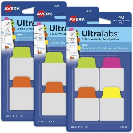 Avery Mini Ultra Tabs 1 x 1.5 2-Side Writable Assorted Neon Colors 40 Repositionable Tabs Per Pack 3 Packs 120 Tabs Total (74759)