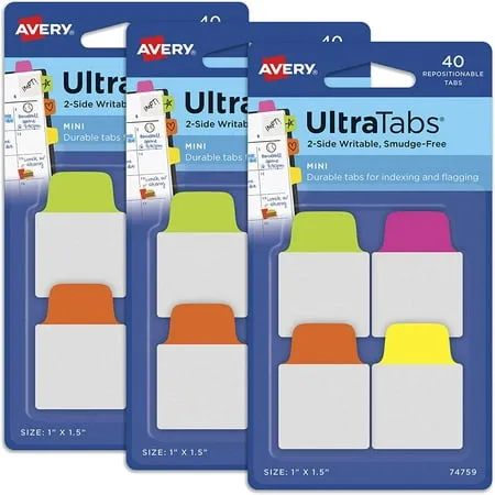 Avery Mini Ultra Tabs 1 x 1.5 2-Side Writable Assorted Neon Colors 40 Repositionable Tabs Per Pack 3 Packs 120 Tabs Total (74759)