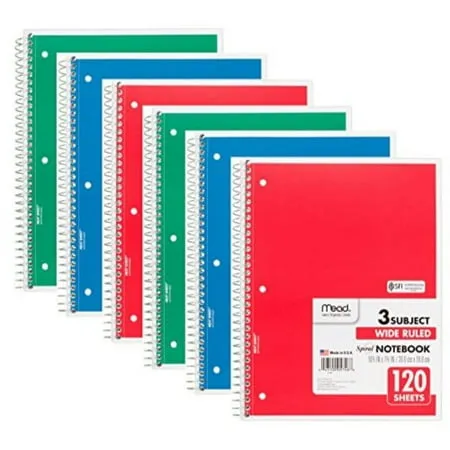 Mead 75698 Spiral Notebook, Wide Ruled, 3 Subject, 120 Sheets, 10.5" x 8", Assorted Colors, 6 Pack