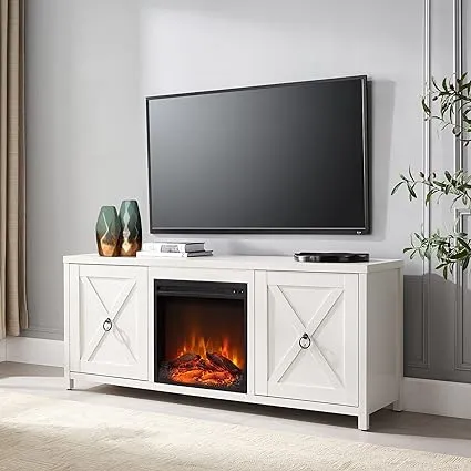 Henn&Hart Rectangular TV Stand with Log Fireplace for TV's up to 65" in White, TV Stands for the Living Room