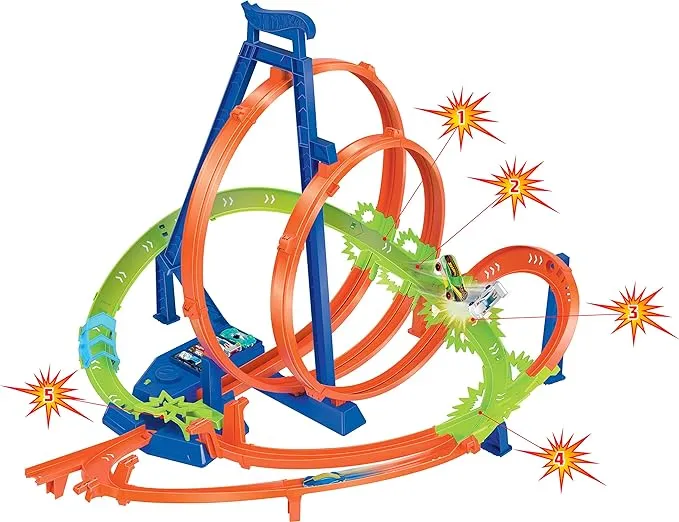 Hot Wheels Track Set with 5 Crash Zones, Motorized Booster, 1 Car, and 2 Loops