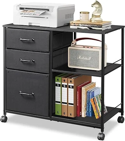 DEVAISE 3 Drawer Fabric File Cabinet, Printer Stand With Open Storage Shelf on Wheels, Mobile Lateral Filing Cabinet Fits A4 Or Letter Size for Home Office