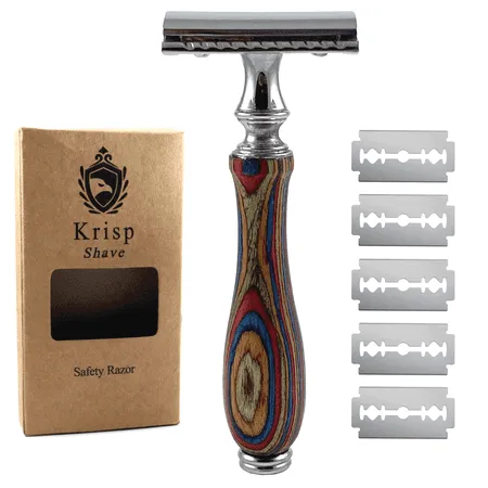 Long Wood Handle Double Edge Safety Razor For Men Women Wet Shave + 5 Shaving Blades