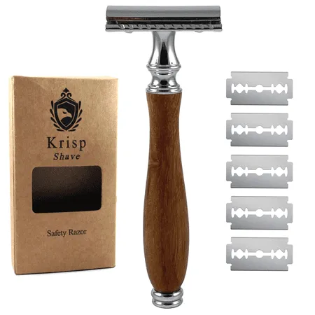 Wooden Long Handle Double Edge Safety Razor For Men Women Shave + 5 Shaving Blades