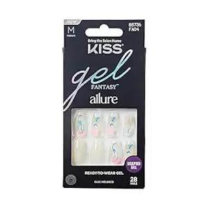 KISS Gel Fantasy Allure Ready-To-Wear Fake Nails – Medium, Coffin Shaped - Band of Color, Salon Quality, Smudge Proof, Waterproof, Durable, Wearable, Flexible, Chip Proof, Gorgeous & Shiny | 28 Count