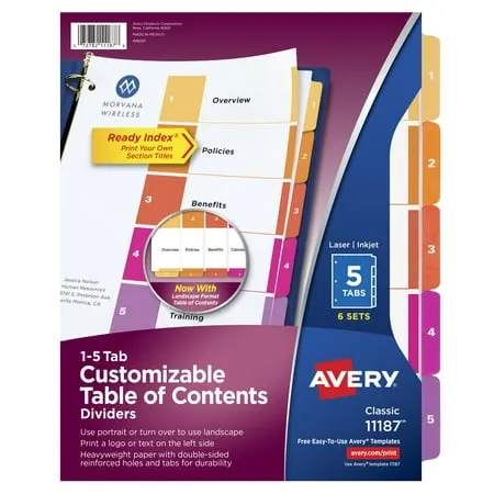 Avery Ready Index Table Of Contents Reference Divider - Printed1-5 - 5 Tab[s]/set - 8.50" X 11" - 5 / Set - White Divider - Multicolor Tab (AVE11131)