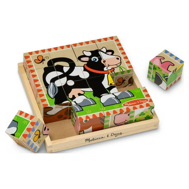 Melissa & Doug Farm Wooden Cube Puzzle with Storage Tray - 6 Puzzles in 1 (16 Pcs) - FSC Certified