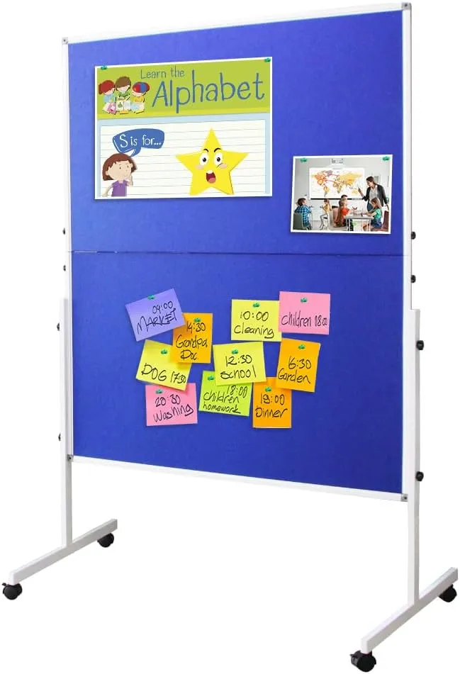 NEWPUTE Blue Cork Felt Bulletin Board, 60 '' x 48 '' Foldable Board, Movable Aluminum Frame Large Double-Sided Bulletin Board, Creative Children's Art Display Board, Image Display Board, with 10 pins