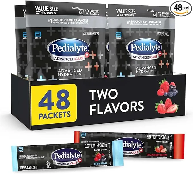 Pedialyte AdvancedCare Plus Electrolyte Powder, Berry Frost, Has PreActiv Prebiotics, Electrolyte Drink, 100 Single-Serving Powder Packets