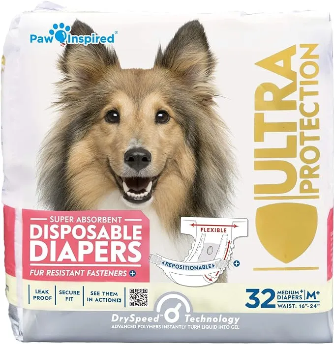 Paw Inspired Disposable Dog Diapers Female| Puppy, Doggie, Cat, Pet Diapers |Diapers for Dogs in Heat Period, Diapers that Stay on, Senior, Excitable Urination, or Incontinence (Medium, 32 Count)