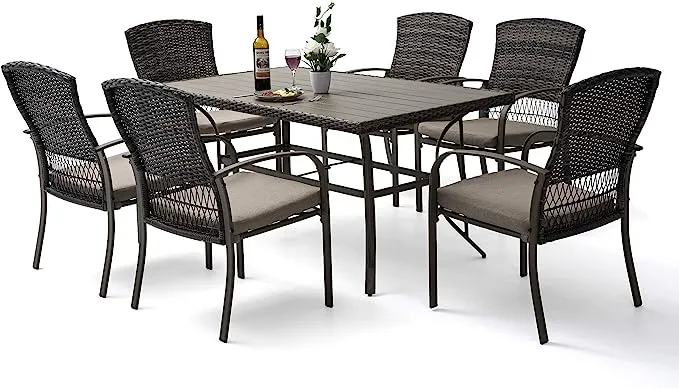 Pamapic 8504 Patio Dining 7 Piece, Outdoor Wicker Furniture Set for Backyard Garden Deck Poolside/Iron Slats Table Top, Removable Cushions, 7 Pack, Beige