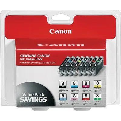 Canon 8 Black/Cyan/Magenta/Yellow/Photo Cyan/Photo Magenta/Red/Green Standard Yield Ink, 8/Pack (0620B015)