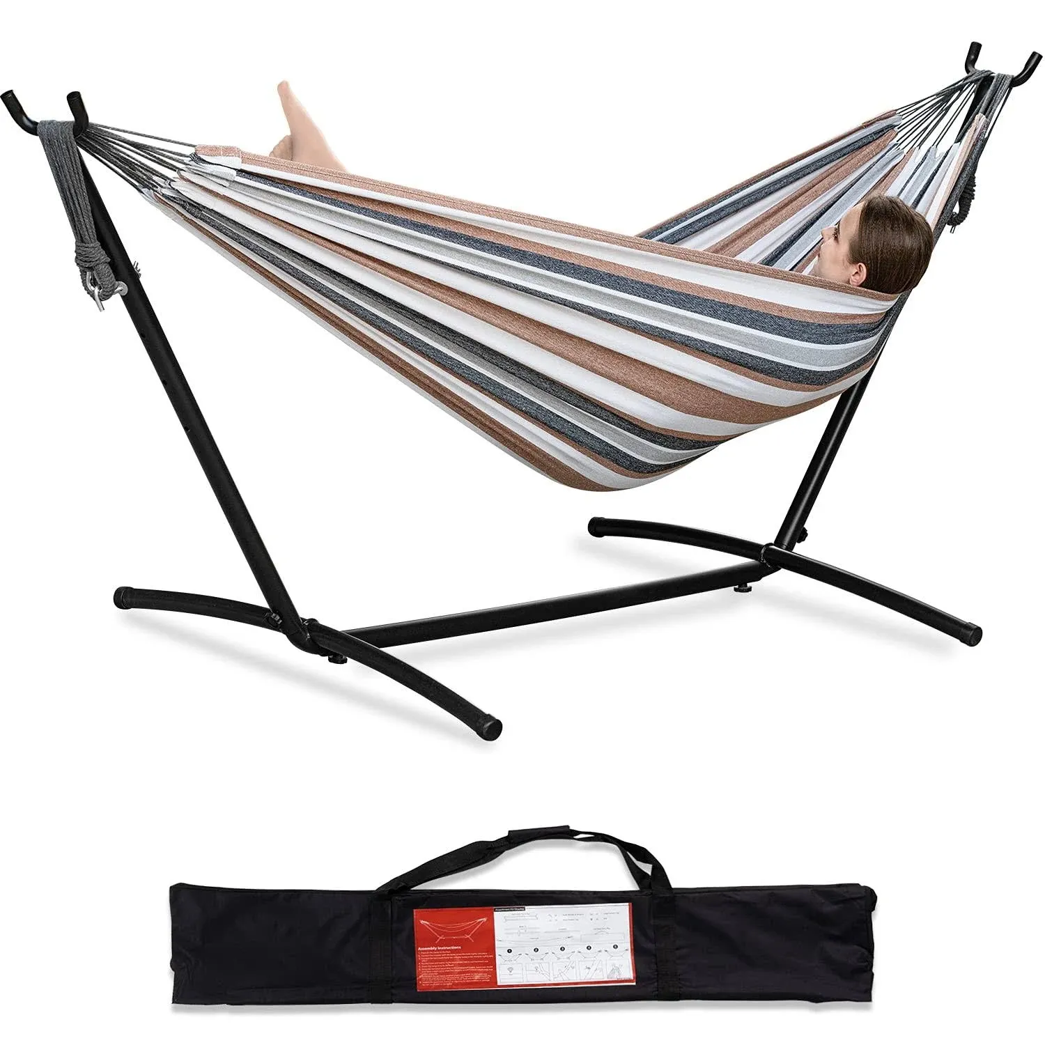 PNAEUT Double Hammock with Space Saving Steel Stand Included 2 Person Heavy Duty Outside Garden Yard Outdoor 450lb Capacity 2 People Standing Hammocks and Portable Carrying Bag (Coffee)