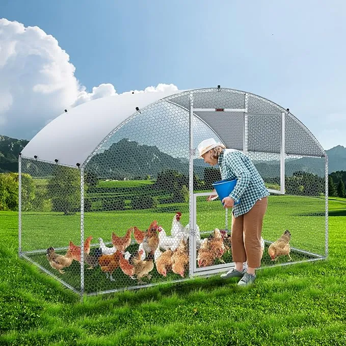 VEVOR Large Metal Chicken Coop with Run, Walkin Chicken Coop for Yard with Waterproof Cover, 6.6 x 9.8 x 6.6 ft, Dome Roof Large Poultry Cage for Hen House, Duck Coop and Rabbit Run, Silver