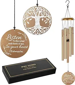 Sympathy Wind Chimes for Loss of Loved One, Memorial Windchimes for Lost Father Mother Friends, Remembrance Bereavement Gift with Card, in Memory Deep Tone Metal Windchime for Garden (39“-Golden)