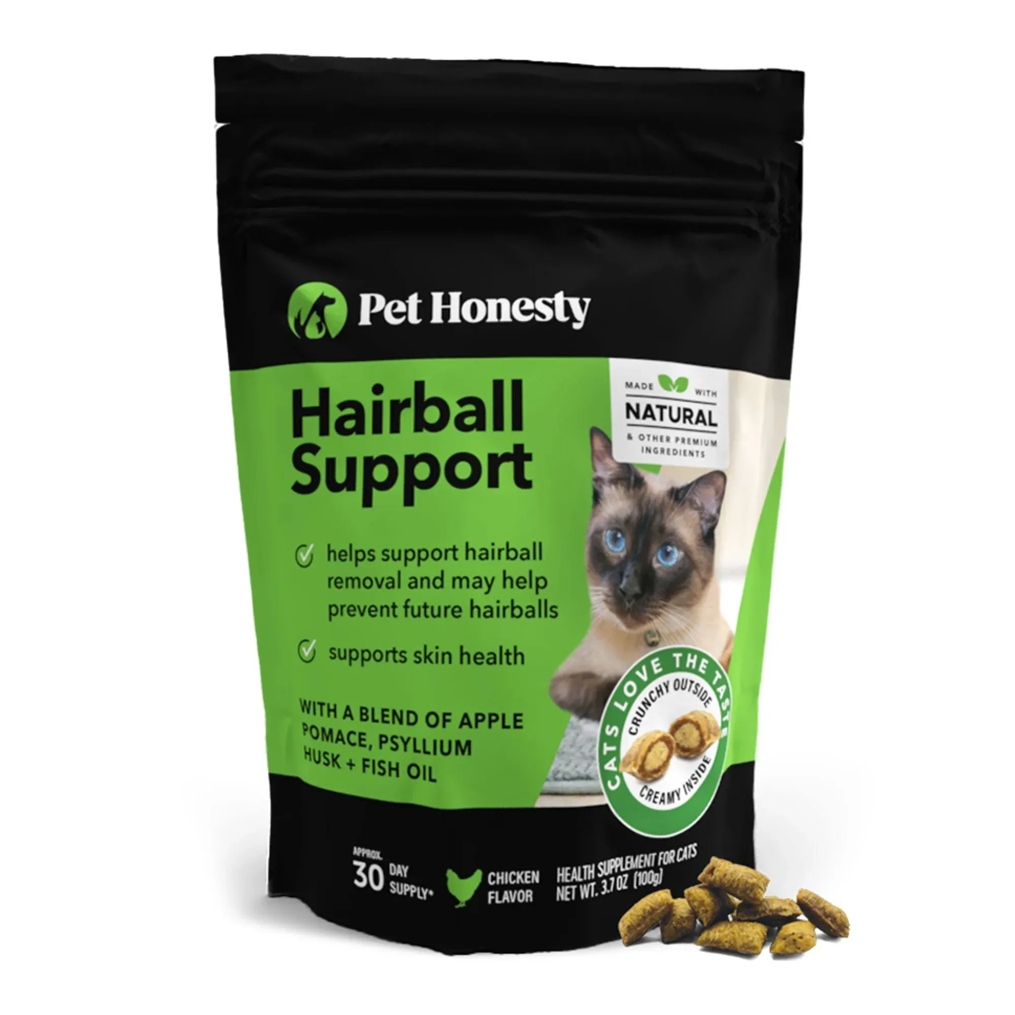 Pet Honesty Cat Hairball Support Chews - Cat Hairball Solution, Supports Skin & Coat and Digestion, May Help Eliminate Furballs, Cat Vitamins and Supplements - Chicken (30-Day Supply)