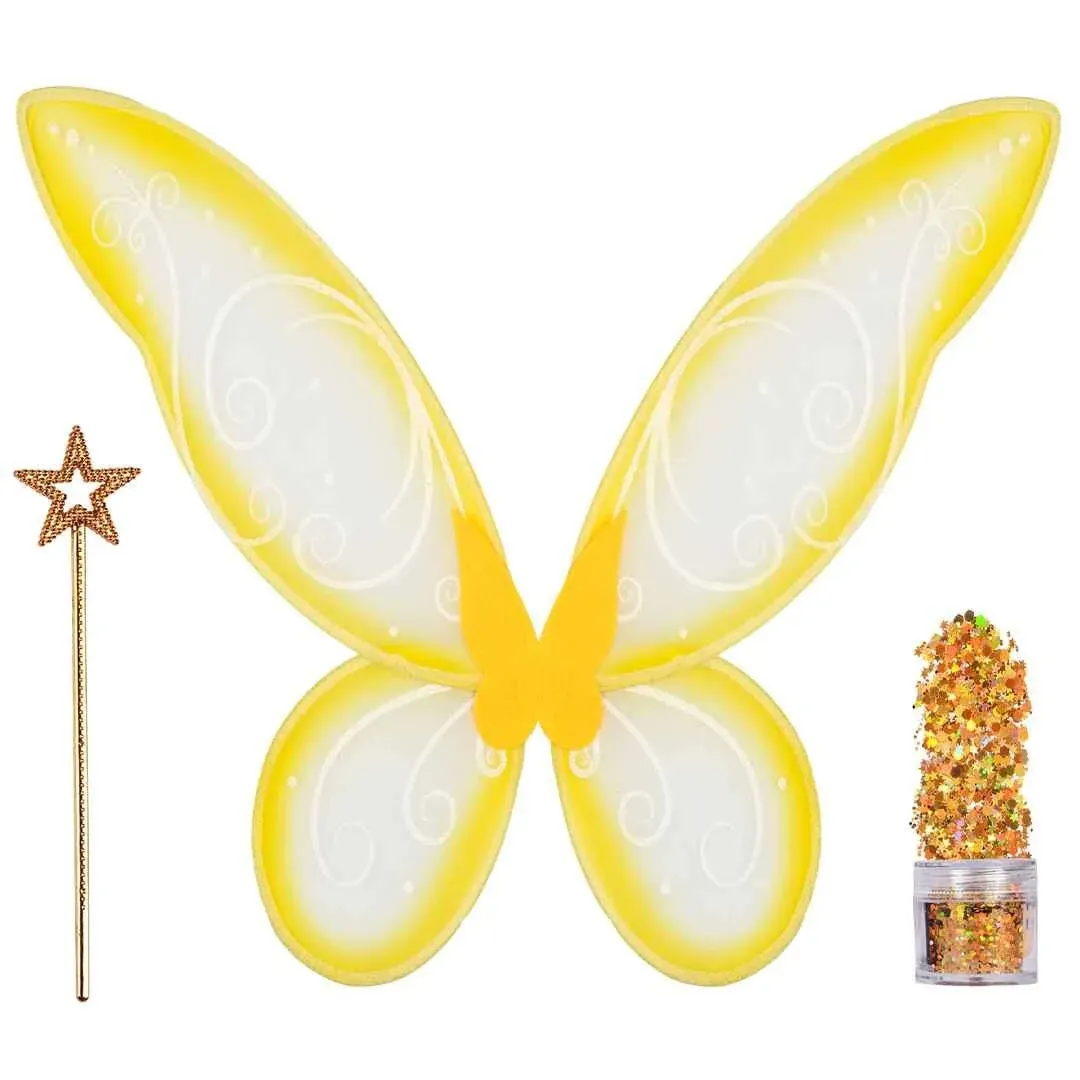 Funcredible Gold Fairy Wings, Fairy Wand and Glitter - Fairy Costume Accessories - Fairy Costume for Women and Girls - Fairy Accessories Cosplay