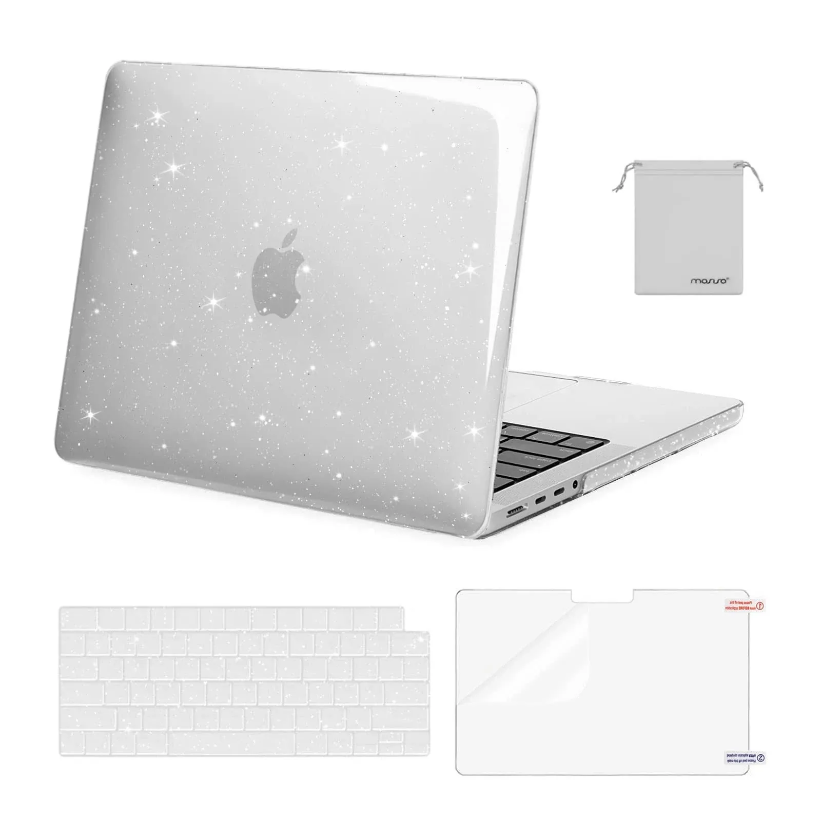 MOSISO Compatible with MacBook Pro 14 inch Case 2024-2021 M4 M3 M2 M1 A3112 A3185 A3401 A2918 A2992 A2779 A2442, Sparkly Glitter Plastic Hard Shell&Keyboard Cover&Screen Film&Storage Bag, Transparent