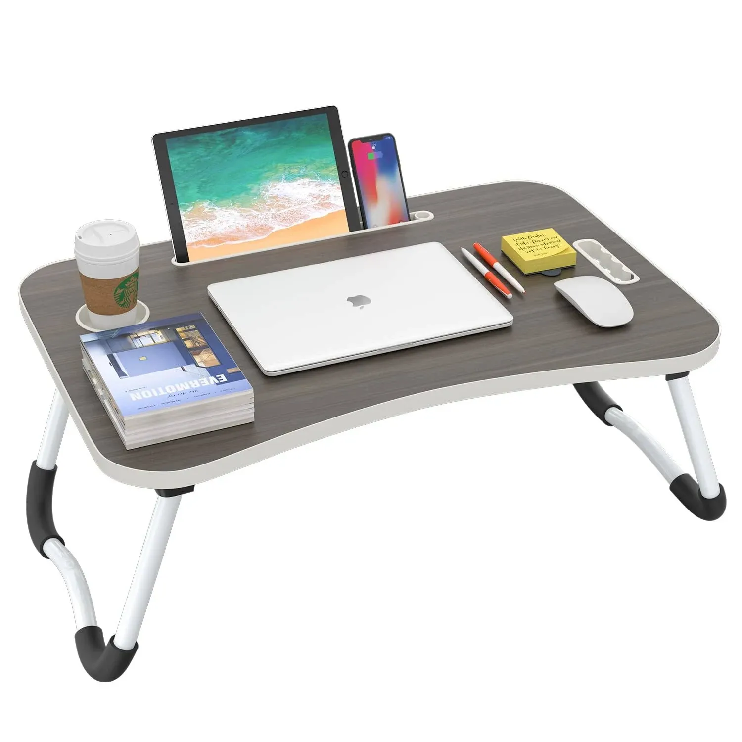 Folding Lap Desk, 23.6 Inch Portable Wood Black Laptop Bed Desk Lap Desk with Cup Holder, for Working Reading Writing, Eating, Watching Movies for Bed