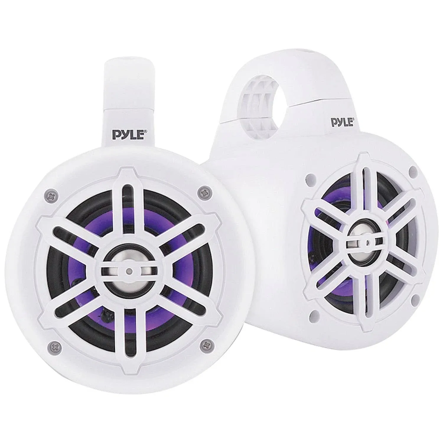 Pyle Waterproof Marine Wakeboard Tower Speakers - 4in Dual Subwoofer Speaker Set w/LED Lights & Bluetooth for Wireless Music Streaming - Boat Audio System w/Mounting Clamps PLMRLEWB47WB (White)