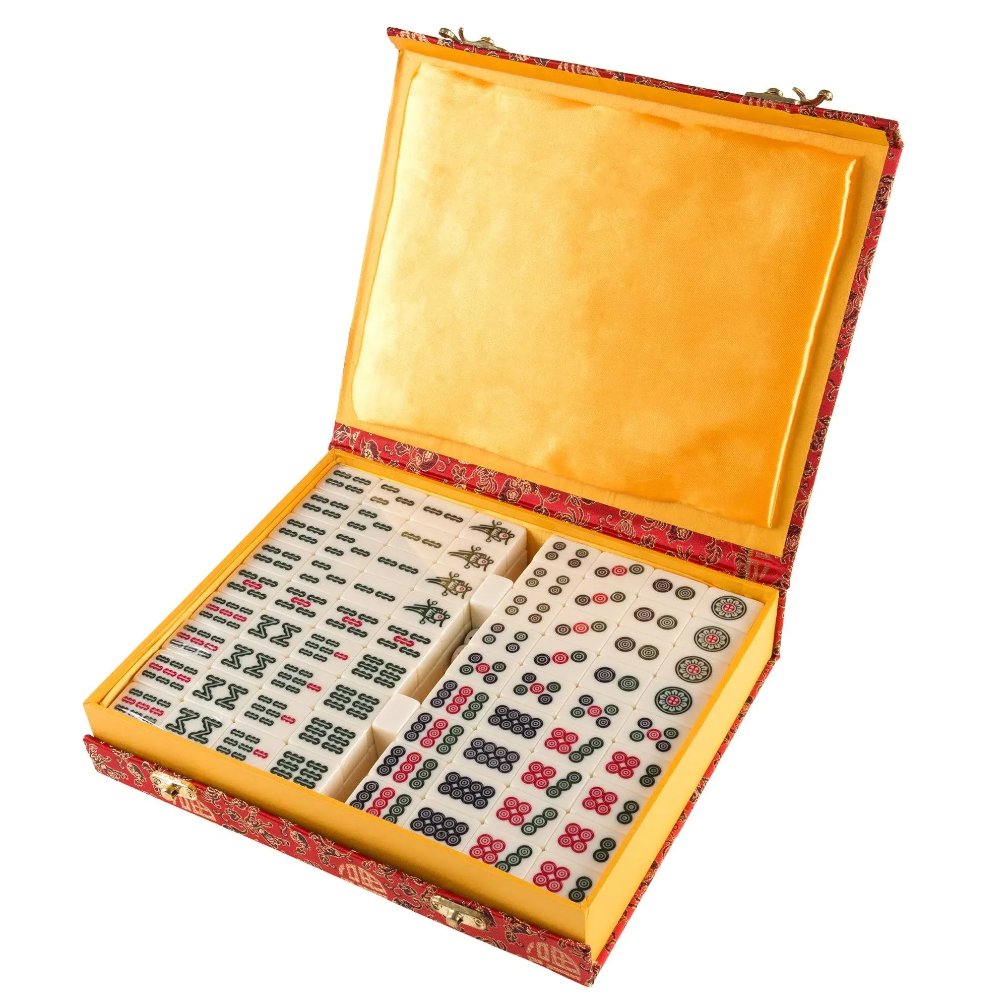 Chinese Mahjong Game Set with 146 Tiles, Dice, and Ornate Storage Case