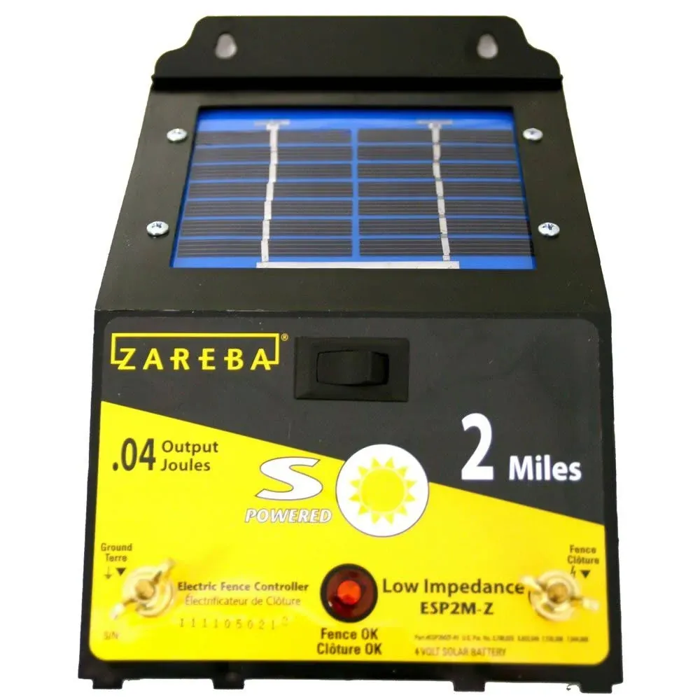 Zareba ESP2M-Z Solar Powered Low Impedance Electric Fence Charger - 2 Mile Solar Powered Electric Fence Energizer, Contain Animals and Keep Out Predators