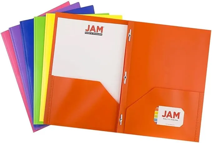 Jam Paper & Envelope Plastic 2 Pocket Folders, Metal Clasps, Assorted Colors, 6/Pack