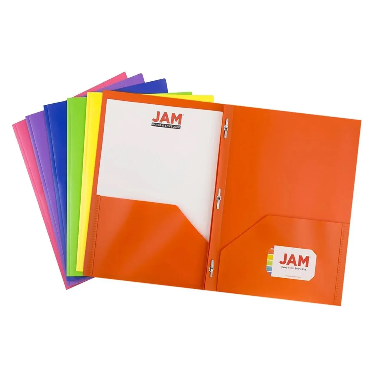 JAM PAPER Plastic Color POP Folders - 2 Pocket Durable Folders with Metal Prongs Fastener Clasps - Assorted Primary Colors - 6/Pack