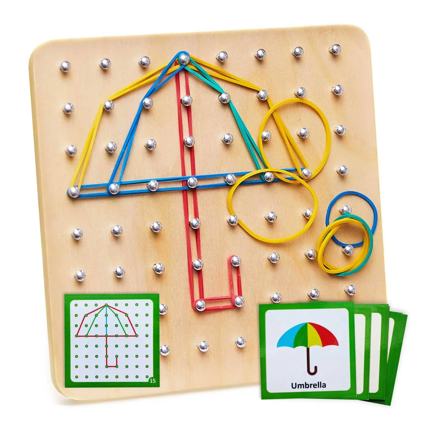 Panda Brothers Wooden Geoboard - Montessori Toy, Graphical Mathematical Education Toy for Kids with 30 Pattern Cards and 40 Rubber Bands to Create