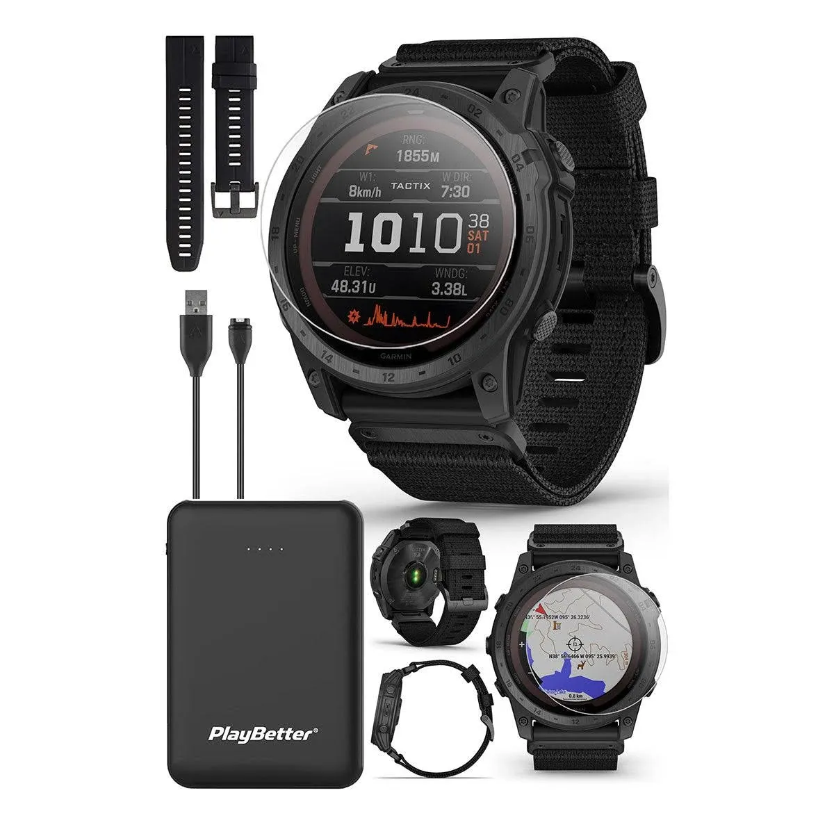 Garmin tactix 7 Pro Solar Ballistics Tactical GPS Watch | Power Bundle with Extra Silicone Band, Screen Protectors & Charger | Specialized Military Men's Watch with Solar Display, Ballistic Calculator