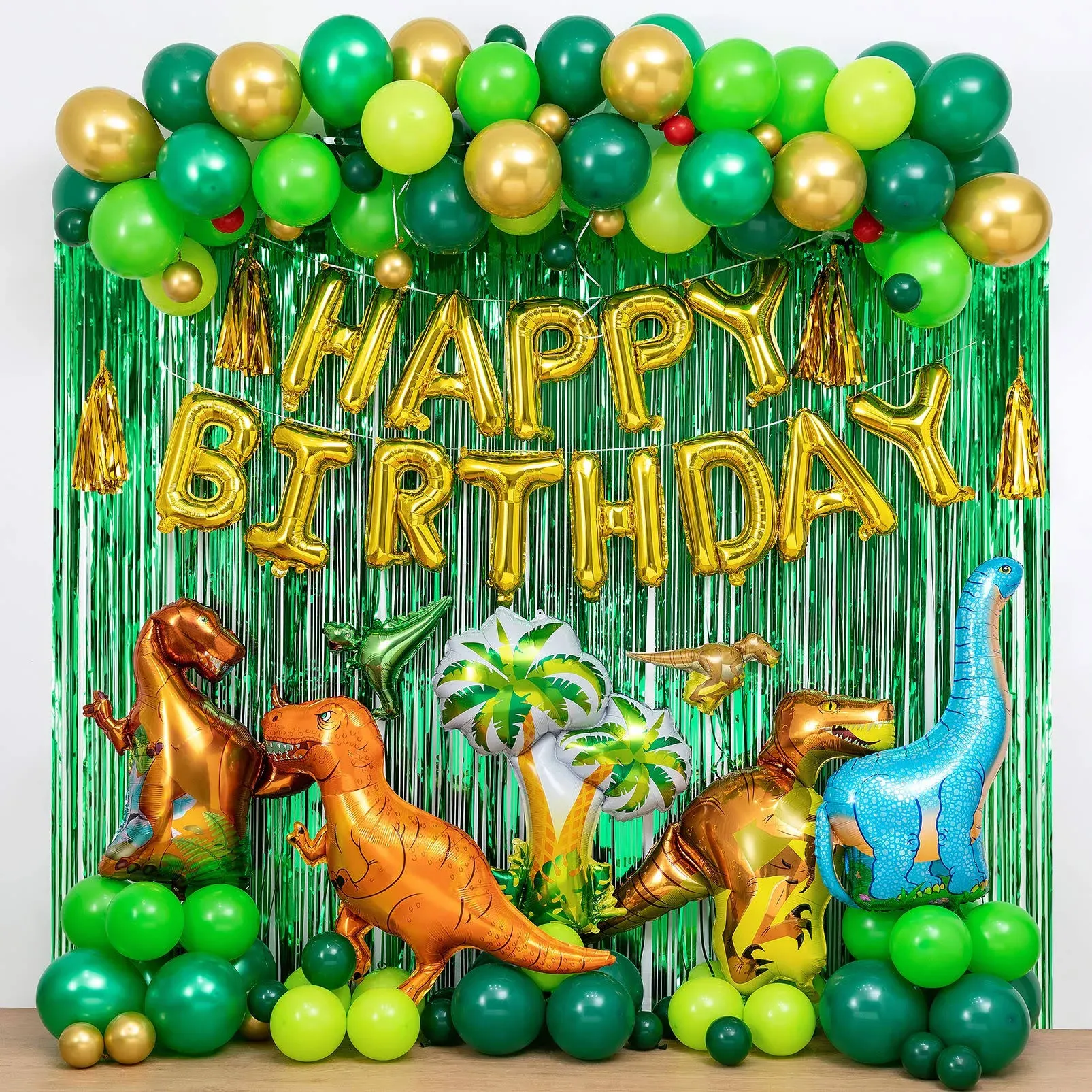 LFVIK Dinosaur Birthday Party Decorations&Balloons Arch Garland Kit(Gold,Green),Dinosaurs Balloons,HAPPY BIRTHDAY Balloons,Curtains,for Dino Themed Kid's Party,Shower,Celebration.