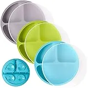 WeeSprout 100% Silicone, Suction Dishware Plate with Lids for Babies Toddlers, Divided Design, Microwave & Dishwasher Safe, 3 Pack (Matte Dark Grey Blue Green)