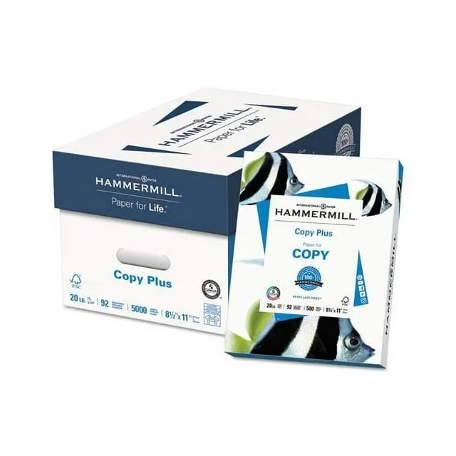 Hammermill Copy Plus Paper, 92 Bright, 20lb, 8-1/2 x 11, White, 5000 Sheets/Carton