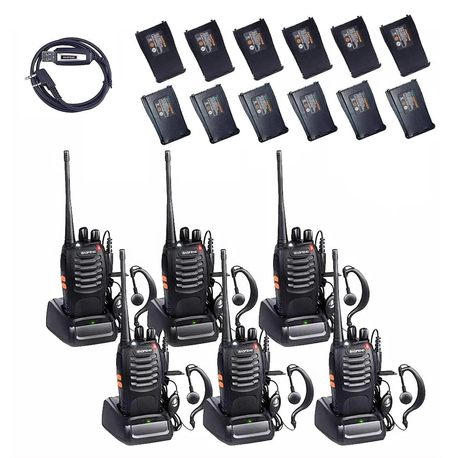 BAOFENG Walkie Talkies for Adults Long Range Rechargeable Walkie-Talkie with 12PCS Batteries & Earpieces with Mic, Portable FRS Two Way Radios for Business Camping Family Kids, Black BF-88A 6Pack