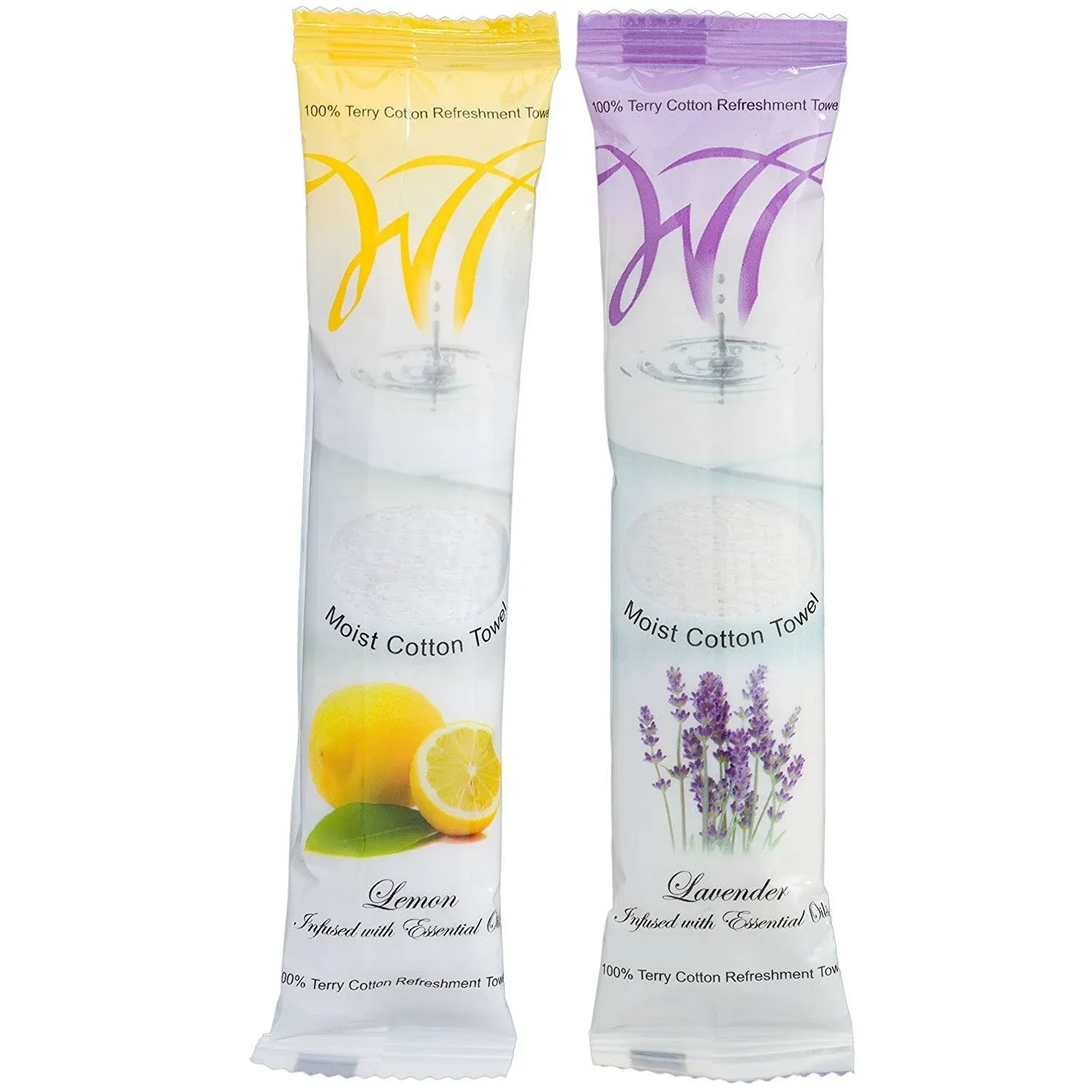 White Towel Services 8" x 8" inch Moist Cotton Towel Individually Wrapped - Lemon and Lavender (Case of 100) *