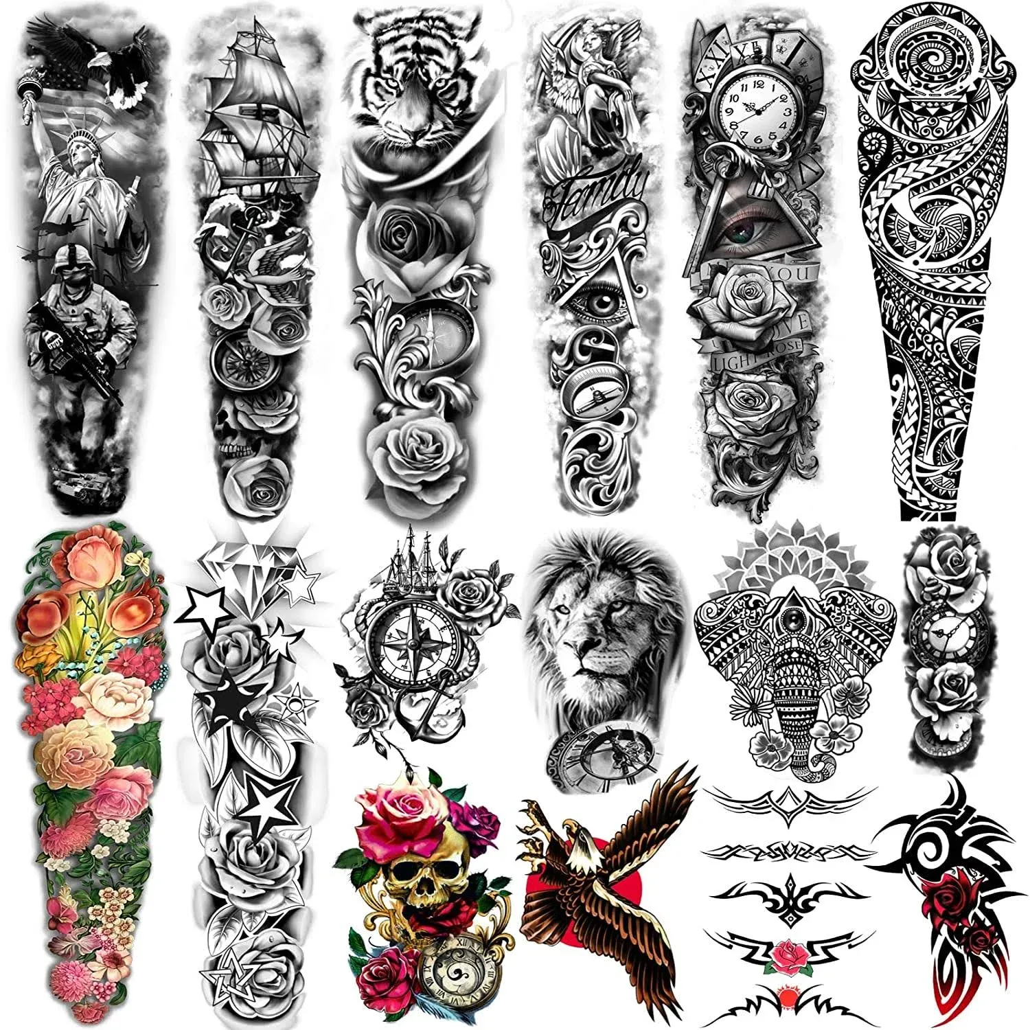 Yazhiji Extra Large Temporary Tattoos 8 Sheets Full Arm Fake Tattoos and 8 Sheets Half Arm Tattoo Stickers for Men and Women (22.83"X7.1")