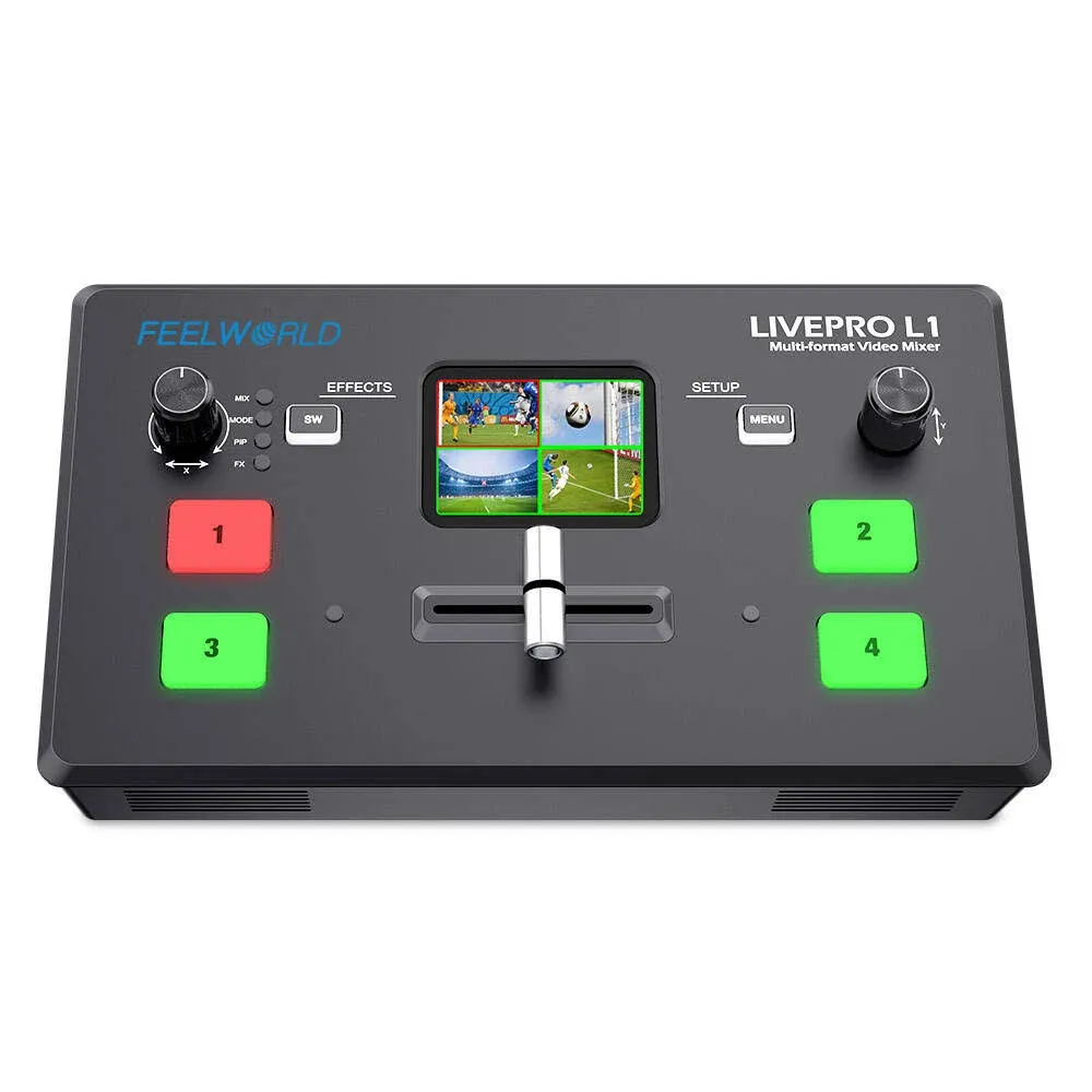 FEELWORLD LIVEPRO L1 V1 Multi Camera Video Mixer Switcher 2 Inch LCD Display 4 x HDMI Inputs USB 3.0 Output Format Real Time Production Live Streaming Lightweight