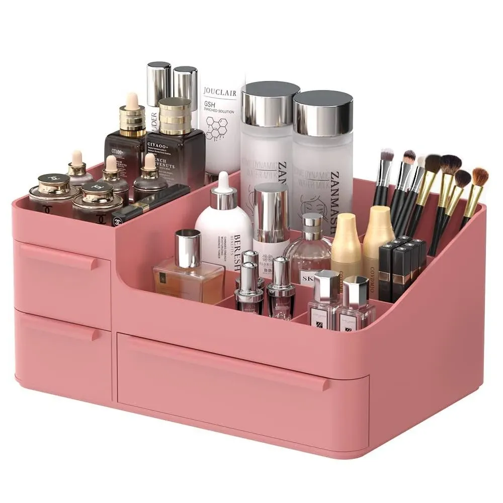 CHANCETSUI Pink Vanity Makeup Organizer Desk Organizer with Drawers Compact Rectangular Compartment Holder for Brushes