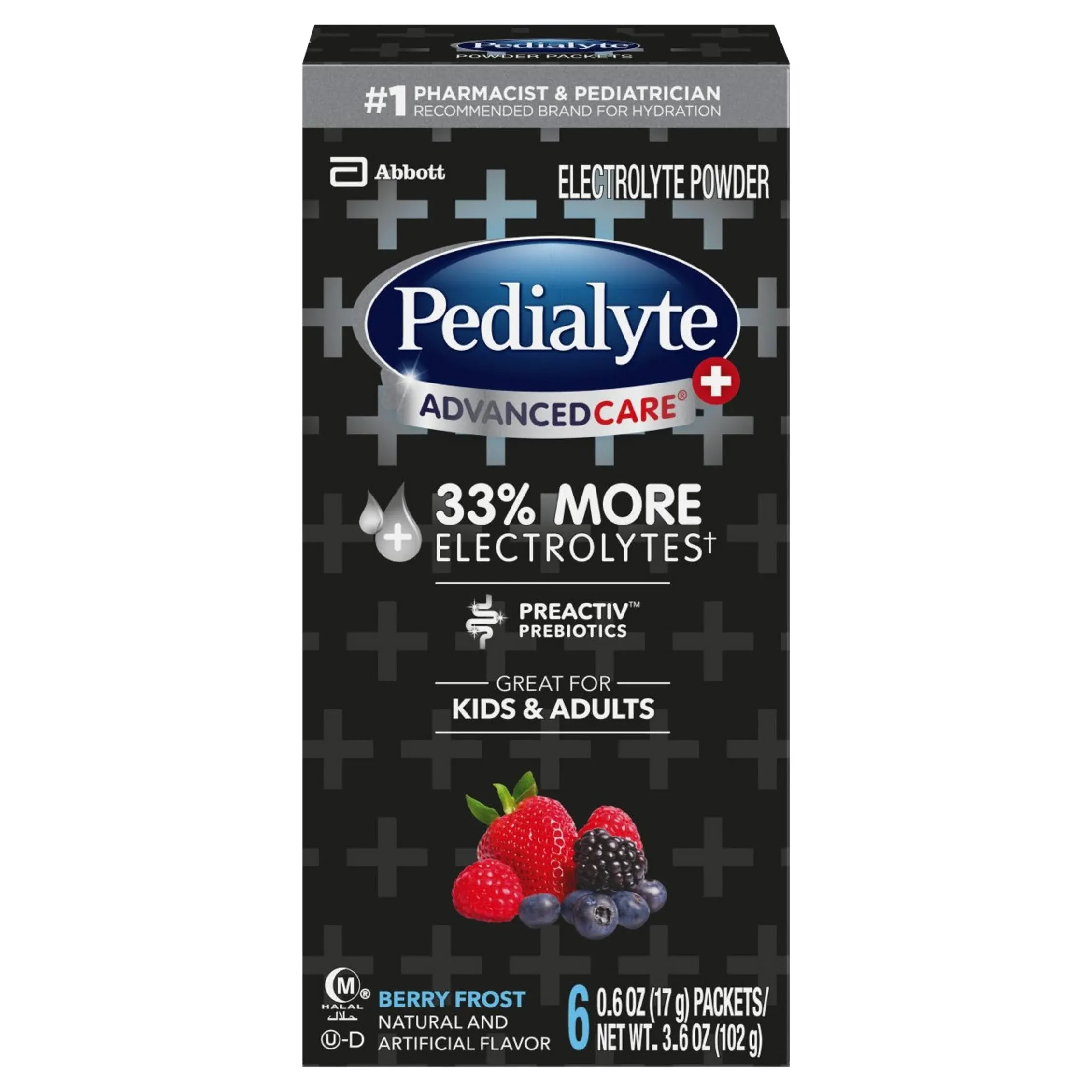 Pedialyte AdvancedCare Plus Electrolyte Powder, with 33% More Electrolytes and PreActiv Prebiotics, Berry Frost, Electrolyte Drink Powder Packets, 0.6 oz, 6 Count