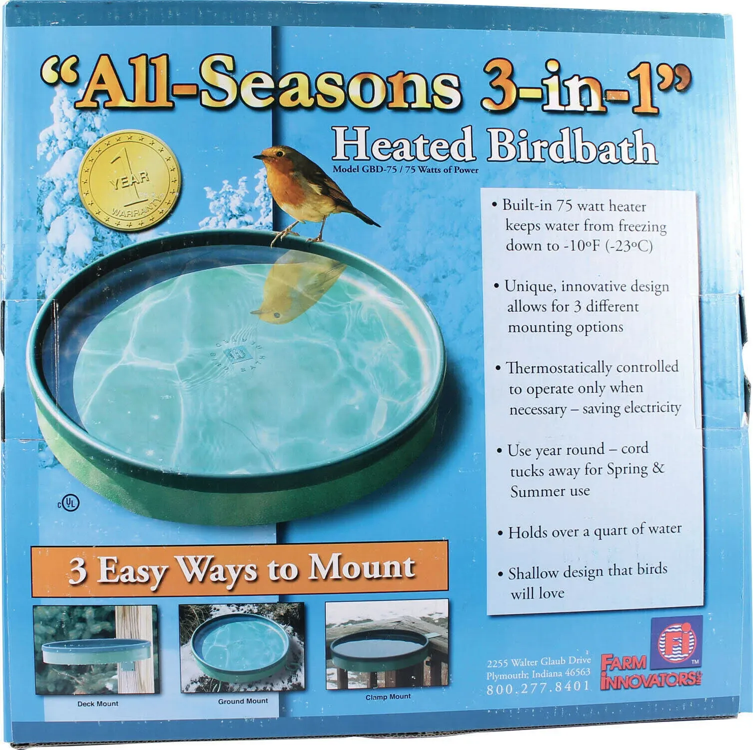 Farm Innovators Green All Seasons 3-in-1 Heated Birdbath 75 Watt