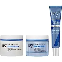 No7 Lift & Luminate Triple Action Skincare System - Broad Spectrum Anti Aging Day Cream SPF 30 + Vitamin C Anti Wrinkle Face Serum + Collagen Peptide Brightening Night Cream (3 Piece Kit)