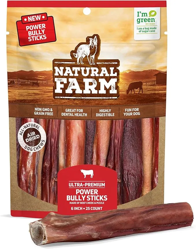 Natural Farm Power Bully Sticks Dog Chews (6”, 25-Pack), 2-in-1 Power Chews: Premium Beef Cheek Wrapped in Beef Pizzle, Long-Lasting, Great Dog