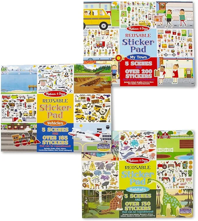 Melissa & Doug Reusable Sticker Pads Set: Habitats, Vehicles, Town: 115 Stickers - Restickable Stickers Book, Sticker Pads For Kids Ages 3+