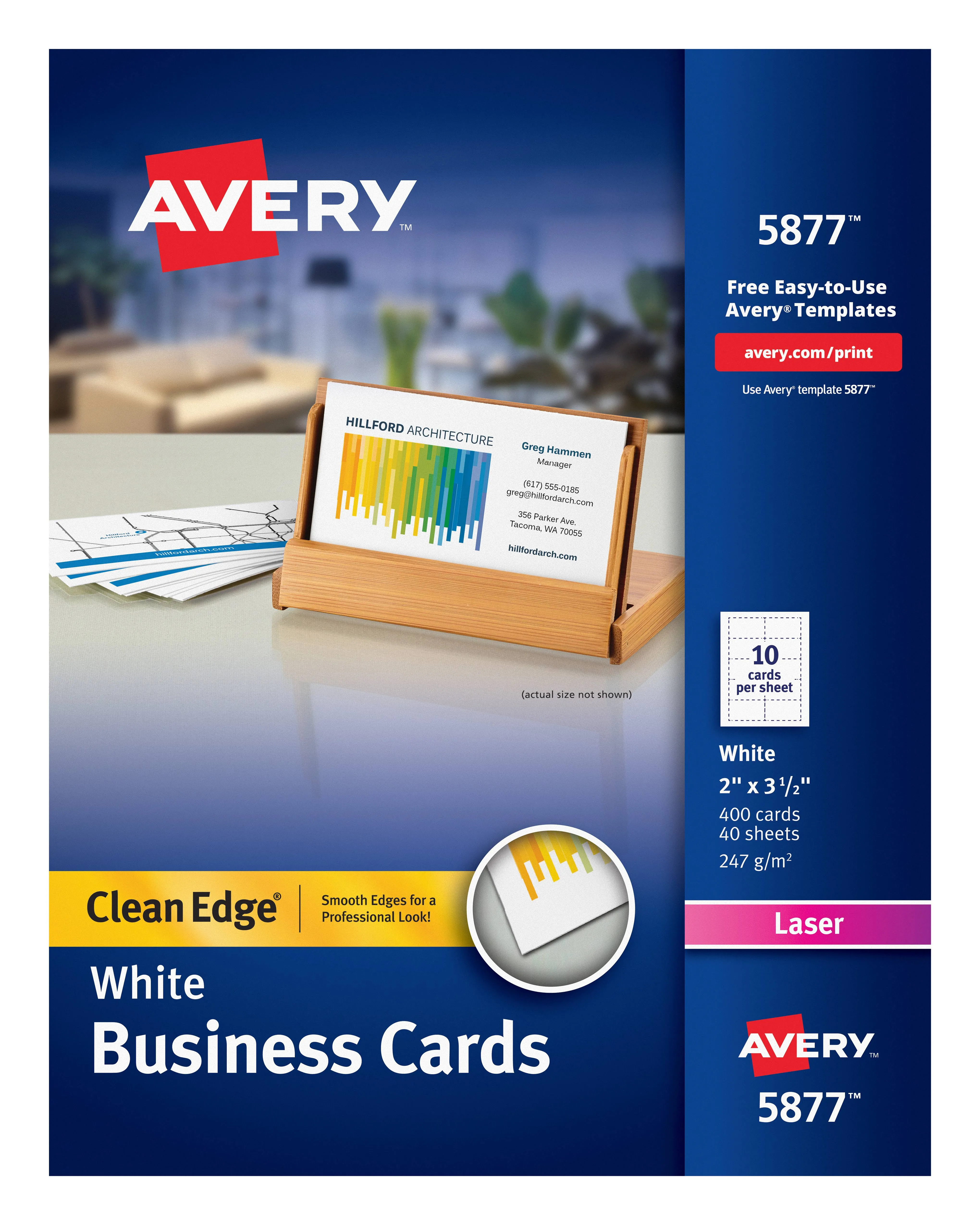 Avery Clean Edge Business Cards Laser 2 x 3 1/2 White 400/Box 5877