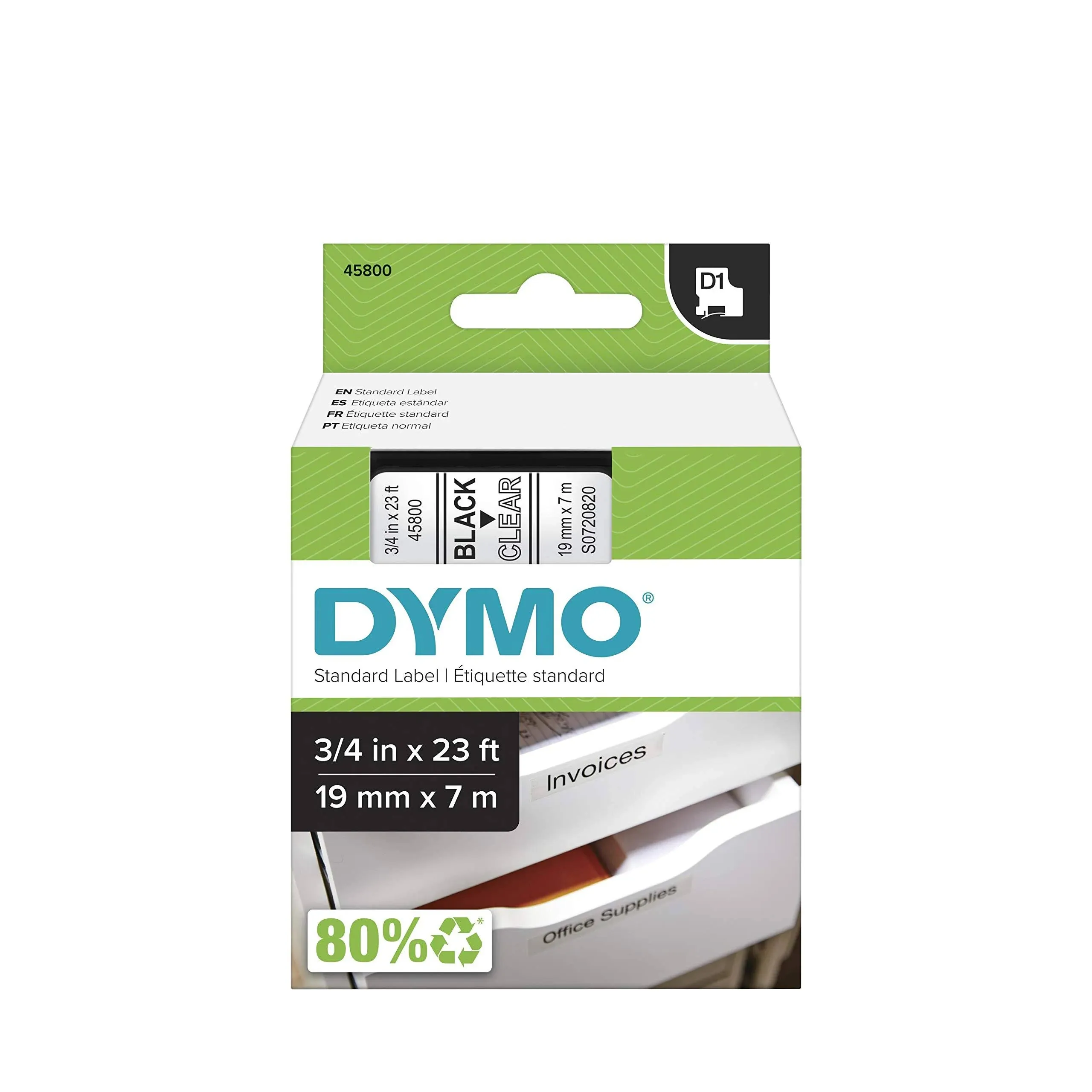 DYMO Standard D1 43610 Labeling Tape (Black Print on Clear Tape, 1/4'' W x 23' L, 1 Cartridge), DYMO Authentic