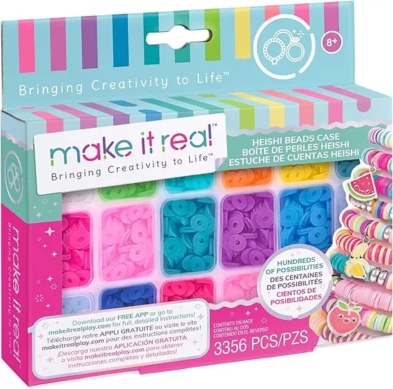 Make It Real - Cuentas Heishi con estuche de almacenamiento - Kit de fabricación de pulseras de joyas y dijes con estuche de almacenamiento - Juego de pulseras de la amistad con cuentas, dijes e hilo - Kit de cuentas de arte y manualidades para niñas