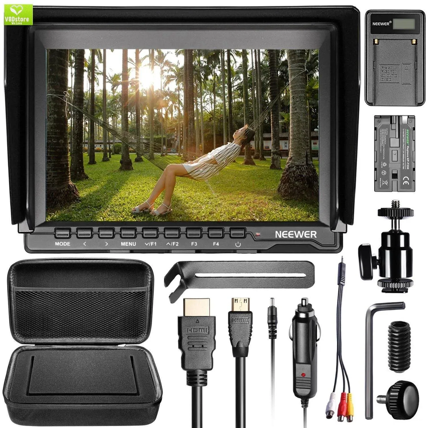 Neewer F100 Camera Field Monitor Kit:7 inches Ultra HD 1280x800 IPS Screen Field Monitor+F550 Replacement Battery+Micro USB Battery Charger+Carrying